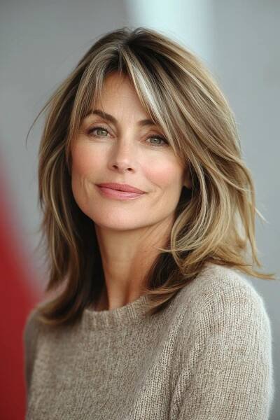 29. Side-Swept Bangs in Light Caramel Brown (Cool Haircuts For Older Women) - Cool Haircuts For Older… in 2025 | Side swept bangs long hair, Long hair with bangs, Hair cuts