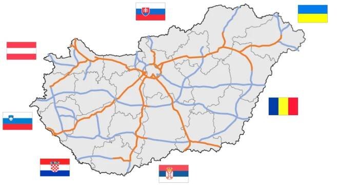 Mapa maďarské dálniční sítě, autor: MrSilesian, volné dílo