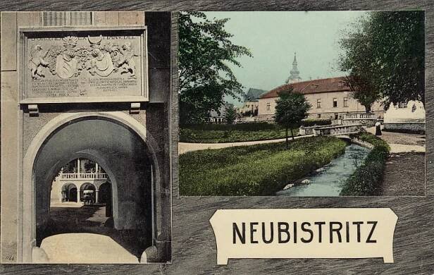Zámek Nová Bystřice německá pohlednice pohled z parku a na vstupní bránu