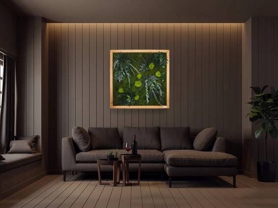 OBRAZ Z MECHU a rostlin v dřevěném rámu 100x100 polštářový mech ŽIVÝ OBRAZ Stav balení originální
