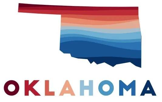 Mapa Oklahomy Mapa státu USA s krásnými geometrickými vlnami v červených modrých barvách Vivid Oklahoma — Ilustrace