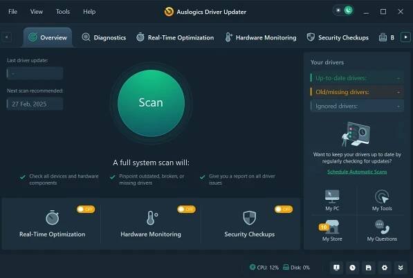 After launching Auslogics Driver Updater, click the Scan button to start scanning your computer for outdated and problematic drivers