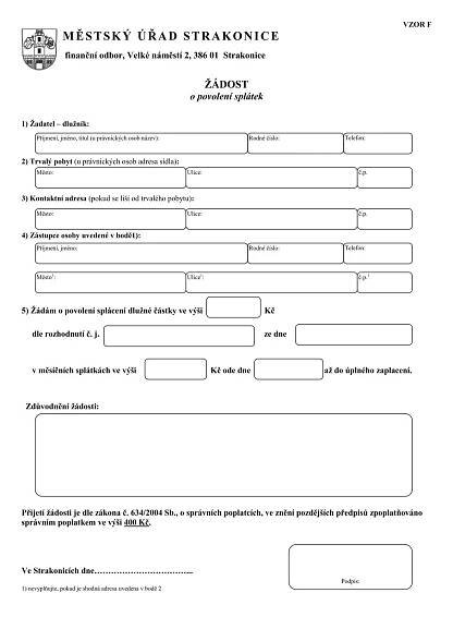 žádost o povolení splátek- vzor F - Strakonice