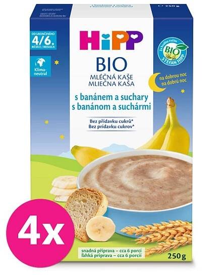 4x HiPP BIO Kaše mléčná na dobrou noc s banánem a suchary od uk. 4.-6. měsíce, 250g