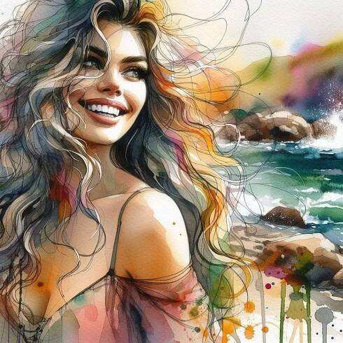 a watercolor painting of a woman with long, wavy hair smiling at the camera