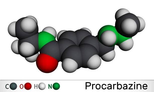 molekula chemoterapeutického léku prokarbazin. používá se při léčbě hodgkinova lymfomu, maligního melanomu. molekulární model. 3d vykreslování - hodgkinova nemoc stock ilustrace
