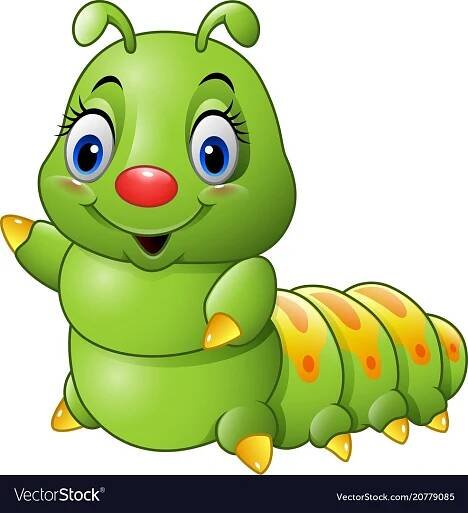 a cartoon green caterpillar with big eyes
