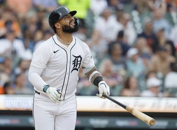 Gleyber Torres #25 of the Detroit Tigers watches his two-run home run against the Athletics during the seventh inning at Comerica Park on June 26, 2025 in Detroit, Michigan. 