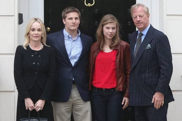 Mark Thatcher returned to London in 2013 to attend his mother’s funeral with wife Sarah-Jane (from left, in front of 10 Downing St.), and kids Michael and Amanda. 