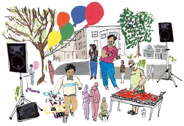 Illustration shows people at a block party, grilling, dancing, playing games and socializing.