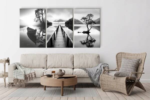Obrazy do obývacího pokoje Černobílý Triptych Obraz na zeď Krajina 90x180 cm Šířka výrobku 180 cm
