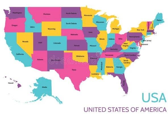 USA - Spojené státy americké - barevné Vektorová mapa s rozdělení na části. — Ilustrace