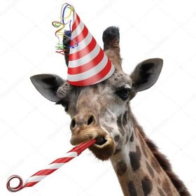 Legrační žirafa party zvířat takže hloupý obličej a foukání rámus
