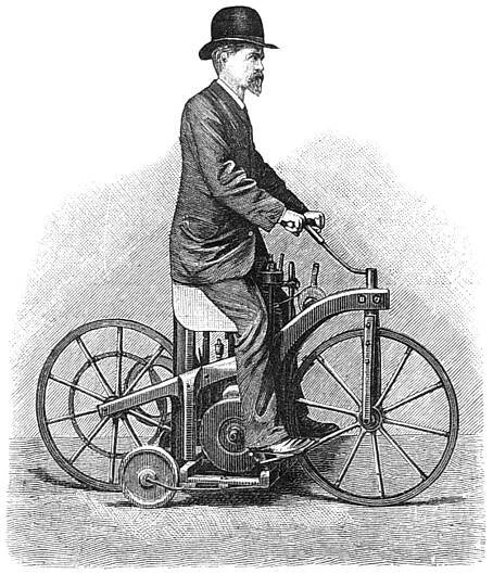 Sedací kolo s motorem Daimler, uvádí dobový popisek k tomuto obrázku, otištěnému v titulu Die Gartenlaube (Altán) v roce 1889.