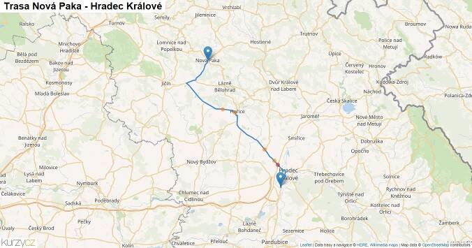Nová Paka-Hradec Králové, mapa trasy