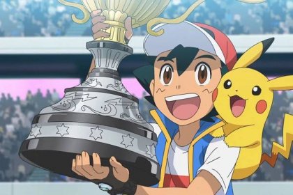 A screenshot of Ash Ketchum holding a championship trophy, with Pikachu on his shoulder.