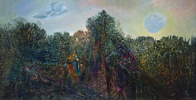 Blades of forest, pine, and sage green intermixed with slivers of cobalt and sky blue, crimson red, and rose pink create a band of abstracted tree-like forms across this horizontal painting. The blues, red, and pink are concentrated on a structure, presumably a tree, at the front center. To our left of center, geometric shapes like circles, triangles, and rectangles create the impression of a beaked bird, with each shape being fractured into bands of emerald green, royal blue, brick red, and butter yellow. Closer examination finds other birds nearly obscured within the dark, accordion-like patterns of the leaves, including a flock of red-eyed, black, razor-like birds to our left and another creature with a bird-like head and humanoid body to our right. Across the top third of the composition, the sky is pale blue to our left and brightens to shell pink and then light yellow around a disk-like form, to our right. A couple geometric, stylized shapes read as clouds near the upper left corner. Next to a tiny, white line drawing of two abstracted, animal-like forms in the lower right corner, the artist signed his name, “max ernst,” in white paint and the date, “1939” in red.