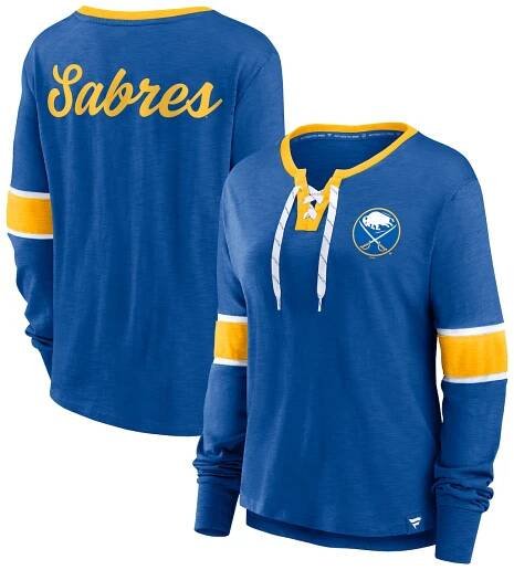 Women's Buffalo Sabres Fanatics Royal Effervescent Exclusive Notch Neck Lace-Up Long Sleeve Slub T-Shirt