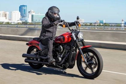 2022 Harley Davidson Fat Bob 114 in Redline Red out on the road