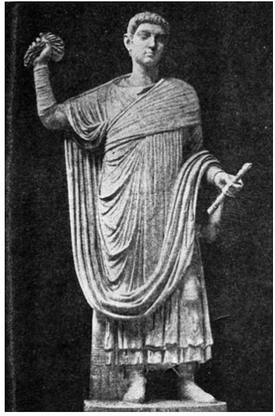 Fig. 2: A 4th-century consul, wearing a fancy tunic underneath his toga, holds the codicilli consulatus in his left hand and a mappa, for starting a chariot race, in his right. Source: Rodolfo Lanciani, The Ruins and Excavations of Ancient Rome (Rome, 1897), 404, fig. 153. 