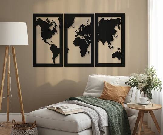 MAPA SVĚTA NA ZEĎ DŘEVĚNÁ ZE DŘEVA 135 cm XL OBRAZ AŽUROVÝ TRIPTYCH Formát horizontální