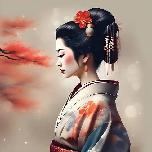 Bezplatný obrázek: Grafika japonské gejši s tradičním účesem v kimonu