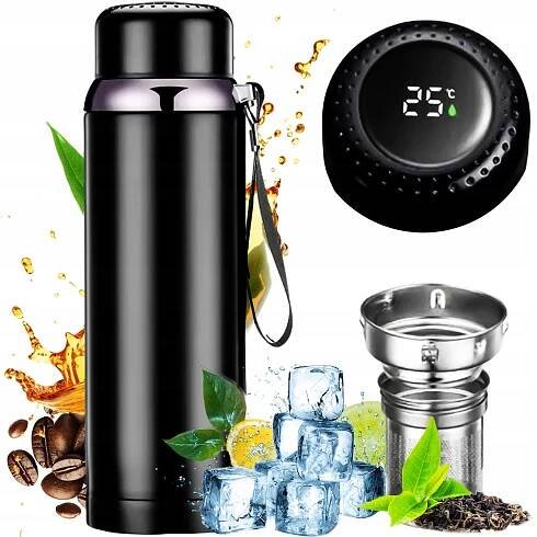 Termos Alogy LED 800 ml ocelový s sítkem na kávu a čaj černý 12h / 15h