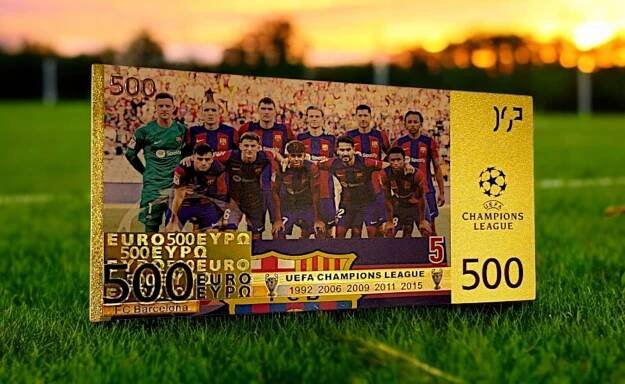 FC BARCELONA Pozlacená sběratelská bankovka PVC GADGET PRO FANOUŠKA FOTBALU Kód výrobce Piłka nożna
