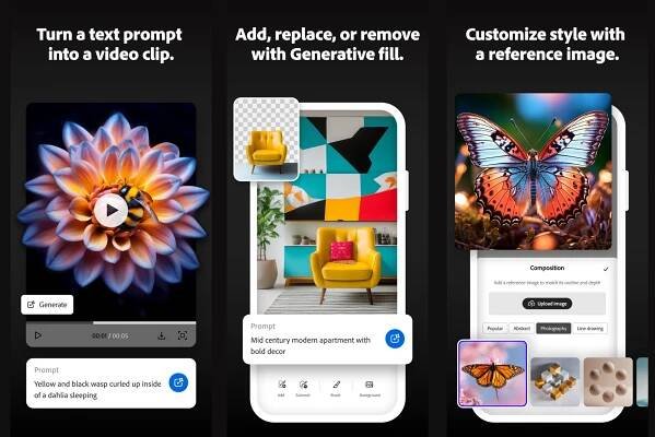 Three examples of the tools available on Adobe’s Firefly mobile app.