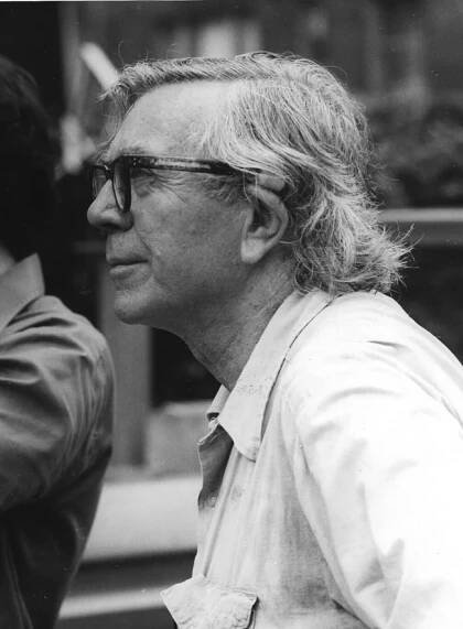 George Rickey observes in the installation of outdoor works at the Solomon R. Guggenheim Museum, New York, NY, 1979