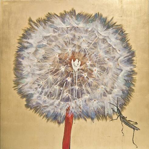 Hung Liu, Dandelion - Grasshopper, 2017, mixed media, 60 x 60 inches