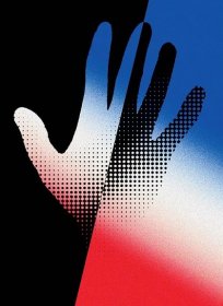 The outline of a human hand in shades of black red and blue