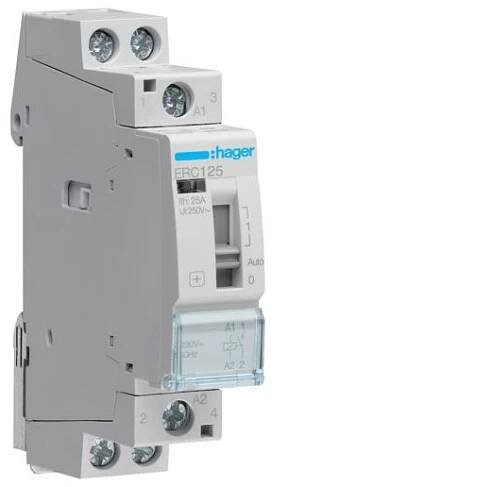 HAGER /ERC125/ stykač 1 pólový s ručním ovládáním, 1x spínací kontakt 25A a cívka 230V pro HDO