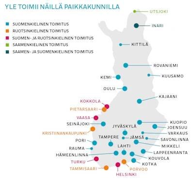 Ylen aluetoimitukset kartalla.