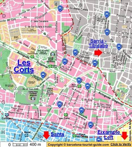 Mapa zobrazující parkoviště v blízkosti Les Corts v Barceloně, Španělsko. Kliknutím na modré popisky parkovišť se dostanete na stránku s podrobnými informacemi o daném parkovišti.