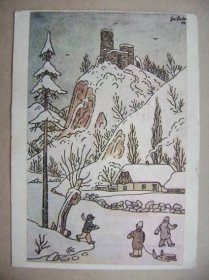Josef Lada - zima zimní radovánky děti kolorovaná kresba