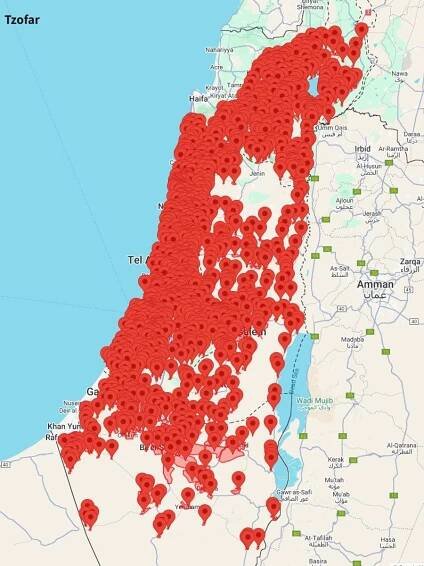 map of siren alerts in Israel on 1/10/2024 