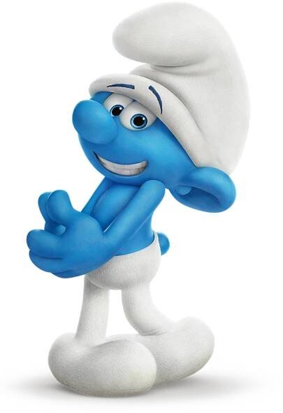 the smurf is wearing a chef's hat and holding his hand up