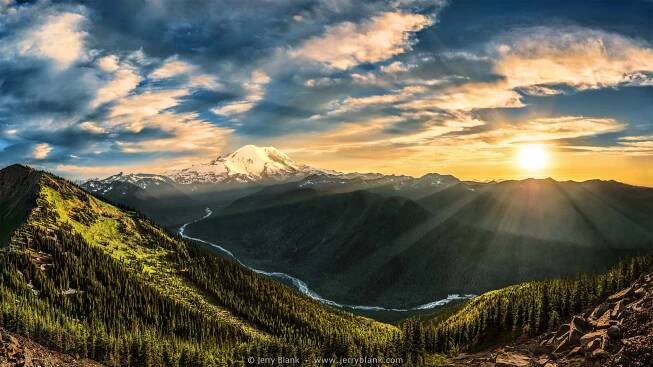#31322 - Sunset over Mount Rainier and the White River valley in Washington, viewed from a trail near the summit of Crystal Mountain - photo by Jerry Blank