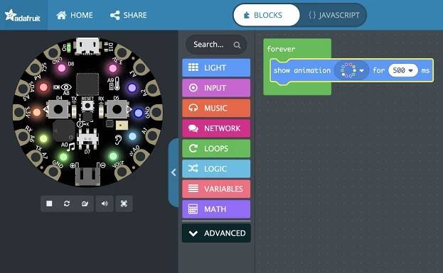 Screen shot of makecode for Adafruit