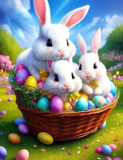 Easter Decor: Three White Rabbits in a Basket