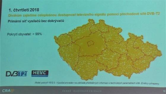 Mapa předpokládaného pokrytí signálem DVB-T2 televize v prvním čtvrtletí 2018.