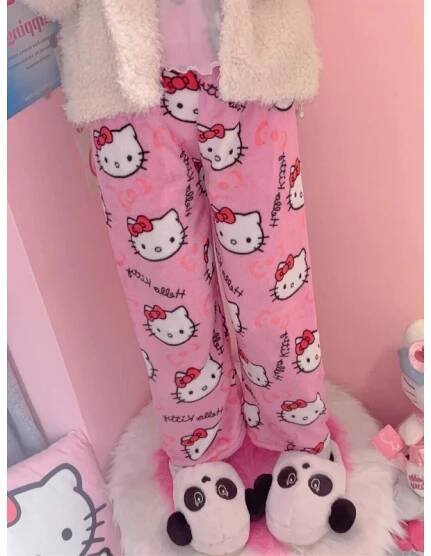 Růžové PYŽAMO 2XL Dámské PYŽAMOVÉ KALHOTY Hello Kitty TEPLÁ FLANELA XXL Velikost XXL