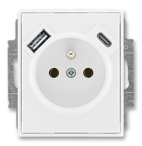 Zásuvka jednonásobná s ochranným kolíkem, s clonkami, s USB nabíjením (USB-A + USB-C), Tango®, bílá / bílá