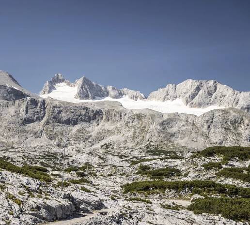 Klare Sicht auf das helle Kalkgestein und den schimmernden Gletscher des Dachsteinmassivs unter blauem Himmel