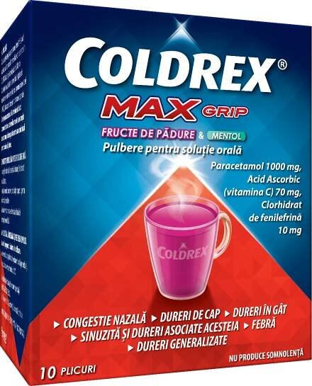 Coldrex MaxGrip fructe de padure si mentol, 10 plicuri, Perrigo
