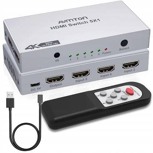 AVMTON Hdmi rozbočovač Hdmi Switch 4K, 30Hz dálkové ovládání 5v1