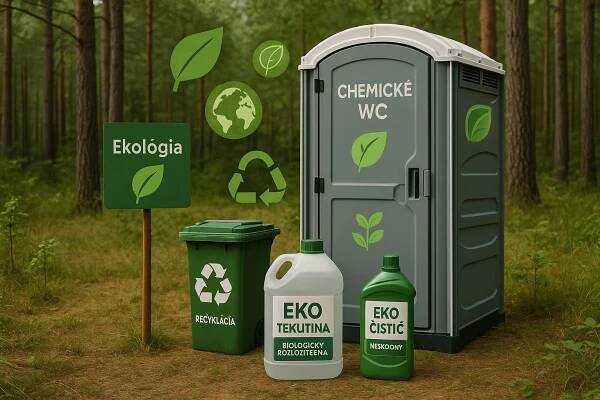 Ilustrácia chemického WC umiestneného v prírode, obklopeného stromami a trávou, s dôrazom na ekologické chemikálie, recykláciu odpadu a šetrnosť k životnému prostrediu. Obrázok obsahuje symboly ekológie, zelené a zemité farby, znázorňujúce udržateľnosť a ochranu prírody pri používaní chemických WC.