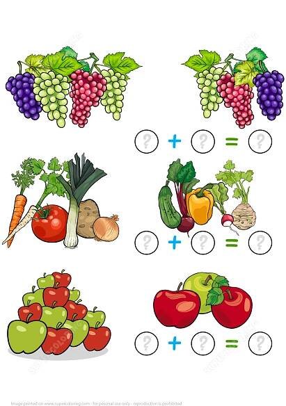 Puzzle na počítání a sčítání s lesním ovocem, ovocem a zeleninou | Logické hry