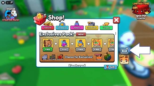 A screenshot of Duck Evolution in Roblox showing the game's codes button.
